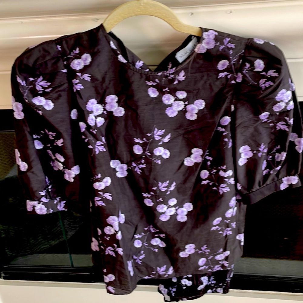 Black blouse/pant set with purple flowers, size 6
